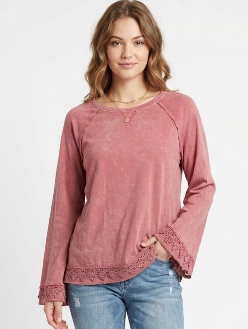 Altar'd State Boho Rose Pink Mineral Wash Lace-Hem Pullover Top Size M